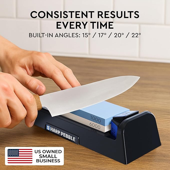 Sharp Pebble Complete Whetstone Knife Sharpening System – 1000/6000 Grit Wet Stone Sharpener Kit with Built-In Angle Guides (15°/17°/20°/22°) – Beginner-Friendly