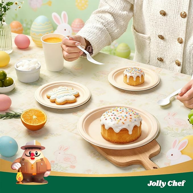JOLLY CHEF Compostable Heavy Duty Plates 𝟳 𝗶𝗻𝗰𝗵 𝗮𝗻𝗱 𝟵 𝗶𝗻𝗰𝗵 [𝟭𝟮𝟬 𝗣𝗮𝗰𝗸] Eco-Friendly Disposable Paper Plates Bagasse Biodegradable Sugarcane for Party Hot Cold Foods Christmas(Brown)