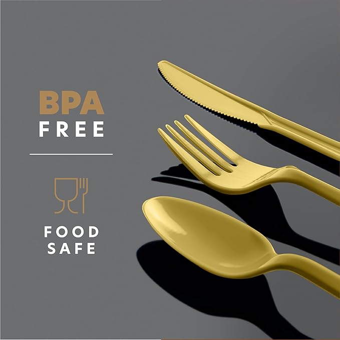 PLASTICPRO 400 Pack Disposable Plastic Utensils Assorted Colored Cutlery Combo Set Forks Spoons Knives Silverware, Gold Plastic Cutlery for Parties