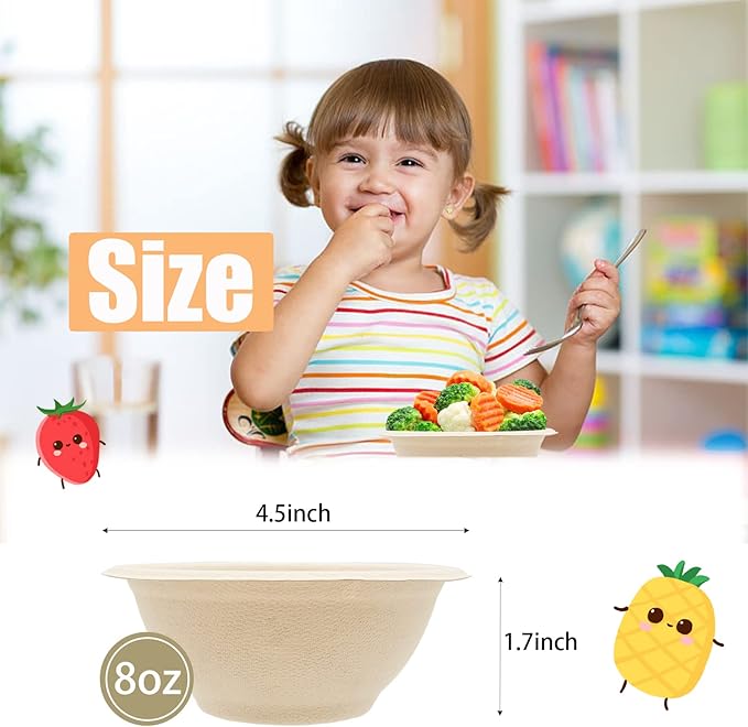 100 Pack 8oz Compostable Paper Bowls,Heavy-Duty Disposable Natural Bagasse Bowls,Biodegradable Soup Bowls,Eco-Friendly,Heat Resistant,for Ice Cream,Salad,Soup,Snack,Dessert,Pasta,Hot or Cold Use