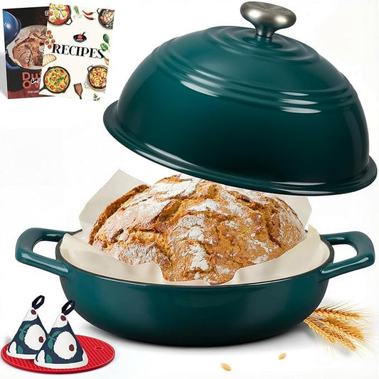 Overmont Enameled Cast Iron Bread Oven - 6QT Bread Dutch Oven for Sourdough Bread Baking - Bread Pot with Dome Lid Cotton Potholders & Cookbook - Multi-Functional Bread Pan For Baking Frying Roasting