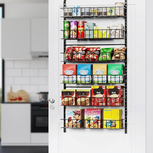 6-Tier Pantry Door Oragnizer, Over The Door Pantry Organizer Rack and Storage, Hanging Spice Rack Shelves Door, Home Office Laundry Room Bathroom & Kitchen Organization Essentials Metal