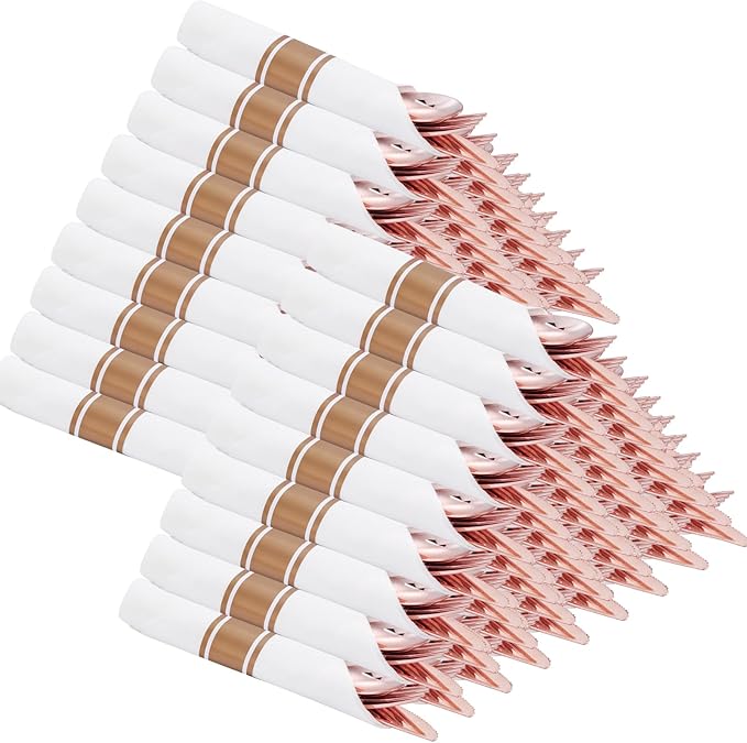 Supernal 100 Pack Rose Gold Plastic Silverware, Wrapped Silverware Set Disposable, Wrapped Plastic Cutlery Set with Napkin, Rose Gold Disposable Cutlery Set for Wedding, Party, Birthday