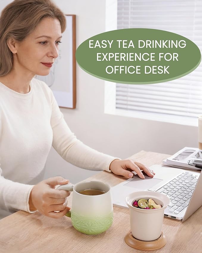 ZENS Tea Mug with Infuser and Lid, 11 oz Embossed Ceramic Loose Leaf Tea Steeper Cup, Wood Lid & Fine Strainers, Loose Tea Diffusers for Tea Lovers Gifts, Pale Green