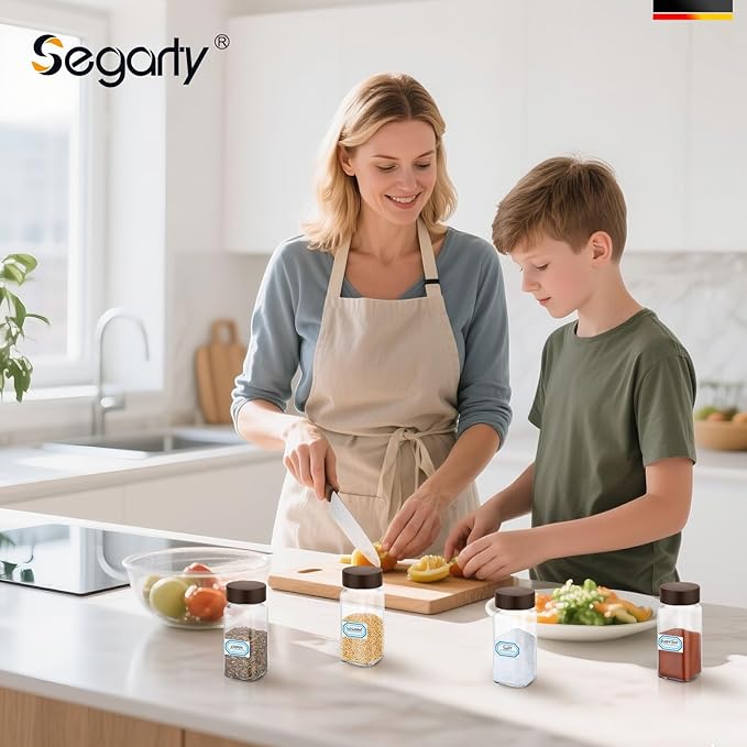 Segarty 4oz Spices Jars with Wood Lids, 3 Pack Square Spice Containers, Empty Glass Seasoning Organizers Spices 120ml Cereal Storage Bottles, Small Salt and Pepper Shakers with 7 Stickers and 1 Brush