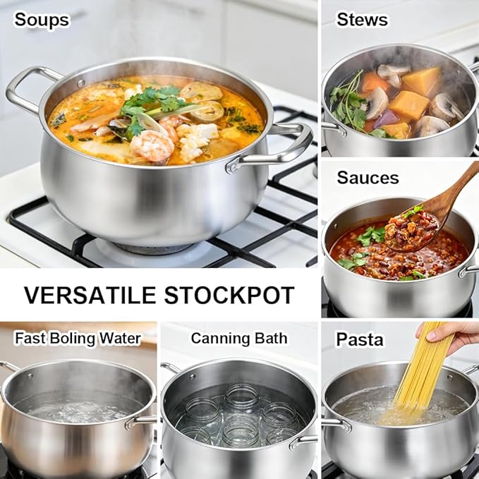 Tifanso Stainless Steel Stock Pot - 8 Quart 3Ply Heavy Duty Large Induction Cooking Pot with Lid for Pasta, Soup, Spaghetti, Nonstick Deep Stockpot, Kitchen Cookware for Stew, Simmer, Canning, Boiling