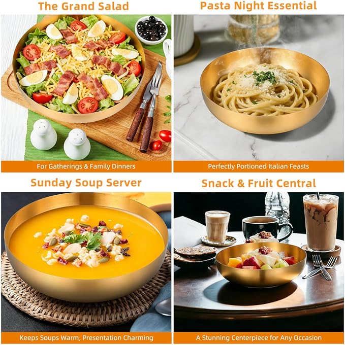 9.4" Stainless Steel Mixing Bowls - 75oz Gold Serving Bowl, Large Metal Decorative Bowl for Salad, Soup, Pasta, Snack, Cooking, Baking, Dishwasher Safe