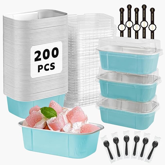 Mini Cake Pans With Lids And Spoons,5.5 oz Rectangle Mini individual Loaf Pans Disposable Aluminum Foil Small Baking Cups Tins (200, Wathet)