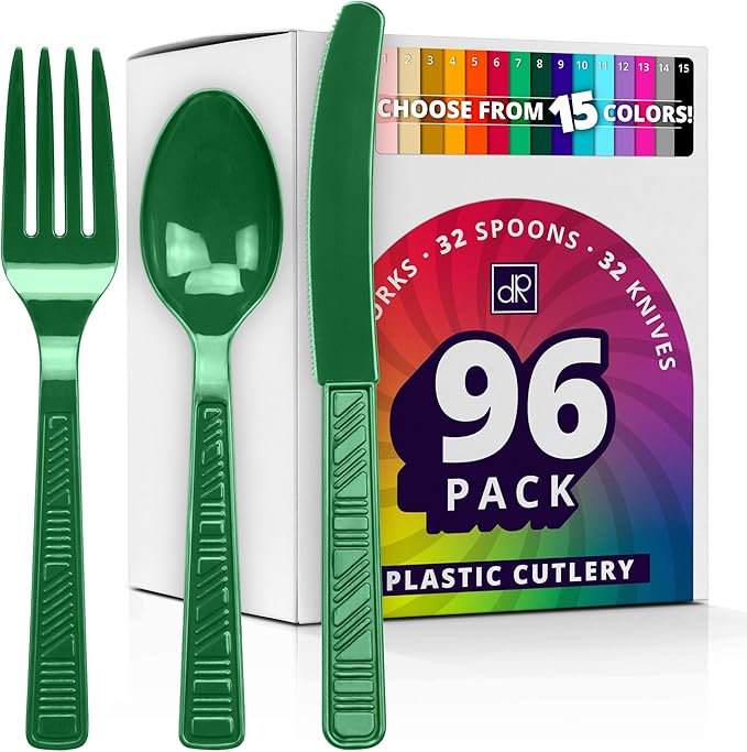 DecorRack Plastic Cutlery Set, Green Colored Plastic Silverware Sets for Parties, 96 Piece Bulk Heavy Duty Utensils (Green, 96 Pieces)