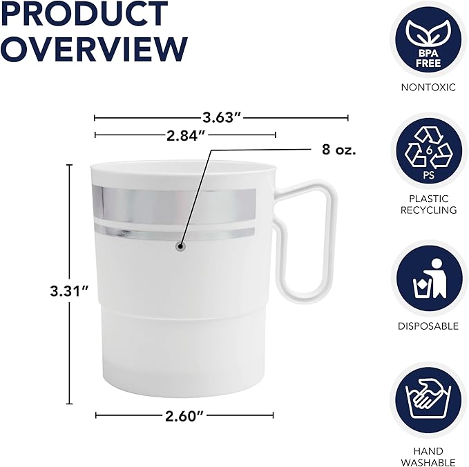 Party Essentials 8-Ounce Hard Plastic Coffee Cup/Tea Mug with Handle, 20-Count, White W/Silver Rim
