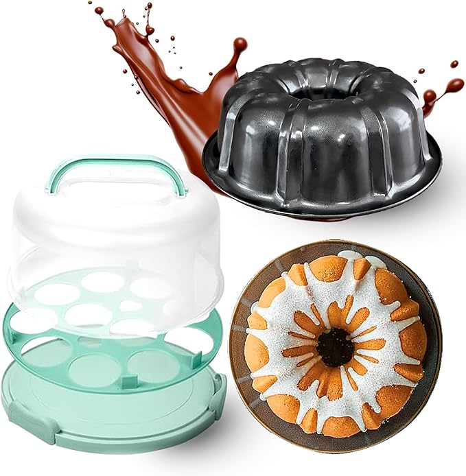 10 inch Buntz Cake Pan Non stick with 12in Cake Carrier for Easy Transportation - Premium Fluted Cake Pans For Oven, Cake Mold, Moldes para Gelatinas