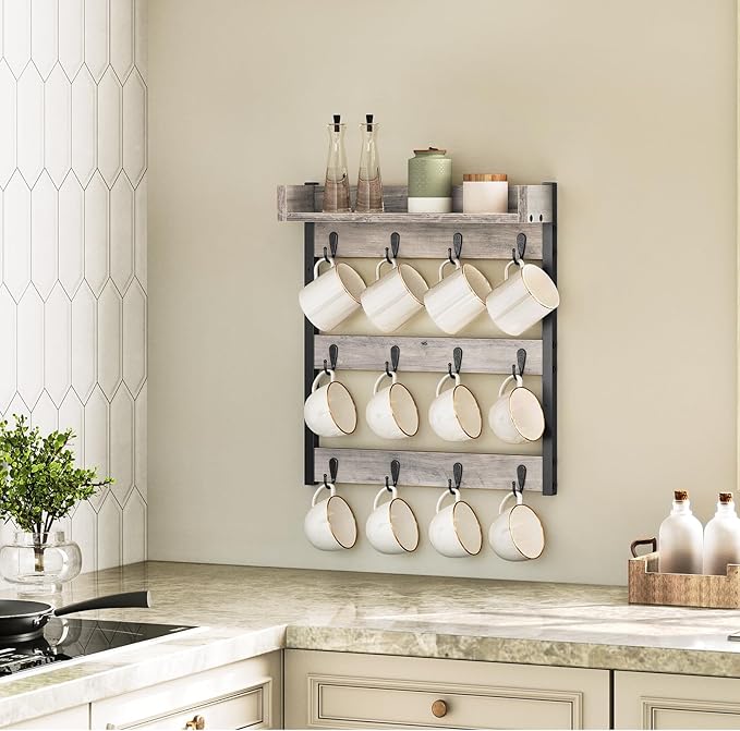 Coffee Mug Holder Stand, 3 Tier Mug Tree Rack, Hanging 12 Cups, with Top Shelf, for Kitchen, Dining Room, Living Room, Cafe, Greige and Black MH42BG