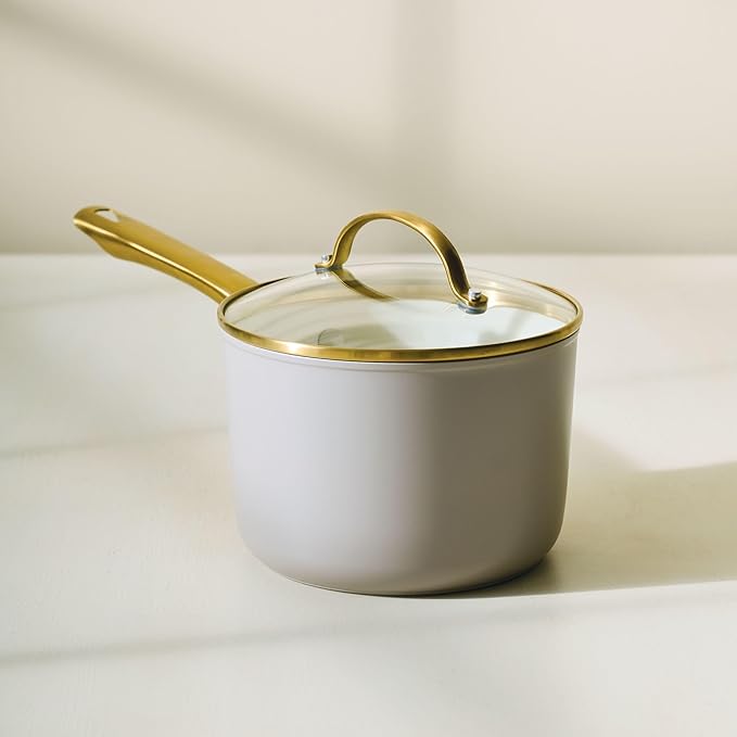 Farberware Forged Induction Ceramic Nonstick Sauce Pan/Soup Pot, Dishwasher Safe, Gold Color Stainless Steel Handle, 3 Quart - Taupe