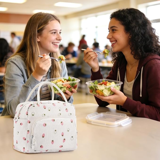 Lunch Box for Women Insulated Lunch Bag Women Adult Cute Lunch Bags Reusable Lunchbox Cooler Tote Bag for Work Picnic (Beige-Light Strawberry)