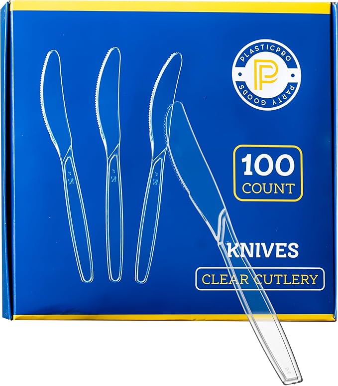 Plasticpro Disposable Clear Plastic Cutlery Disposable utensils Heavyweight 100 Count (Knives)