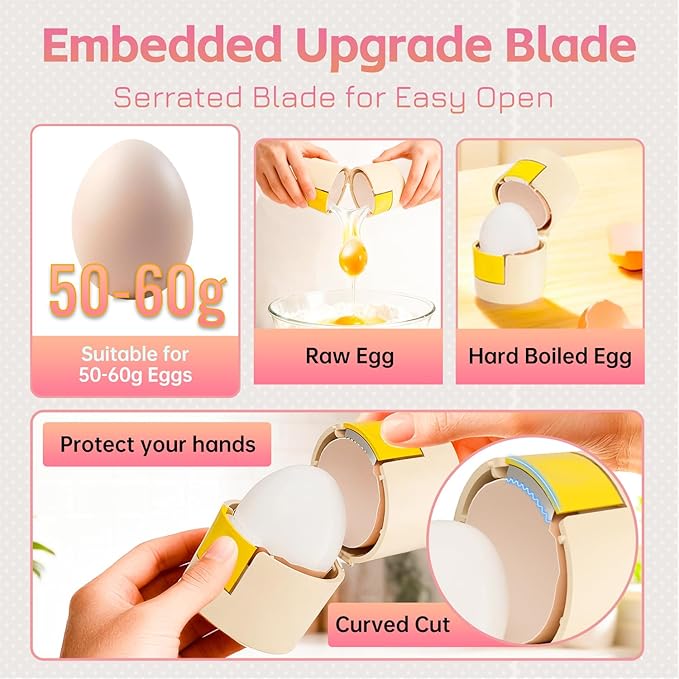 Upgraded 2 in 1 Egg Shell Opener, Hard Boiled Egg Peeler with Piercer, Cute Egg Cracker for Raw Eggs, Egg Separator for Home Kitchen Gadgets Tool (Yellow+Beige）