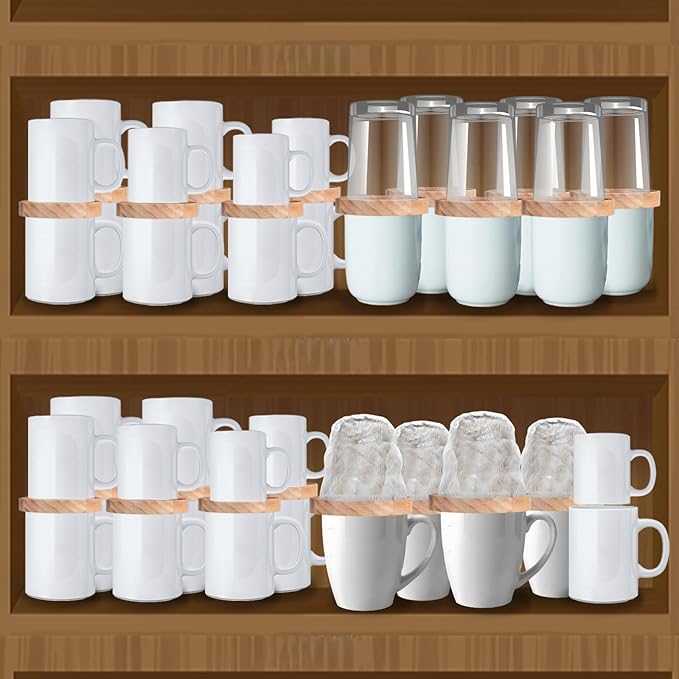 6 Pack Wooden Coffee Mug Stackers, Mug Organizer for Kitchen Cabinet,Equipped with Food Grade Non-Slip Pad,Only for Mugs with a Calibre ≤3.93 inches,Save Cupboard 50% Space