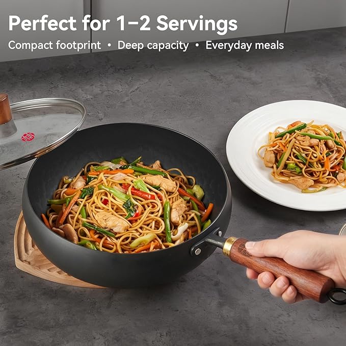 WANGYUANJI 9.5" Carbon Steel Wok - [Heavy-Duty & Thickened Base] - Deep Bowl Stir Fry Pan for Induction, Electric & Gas - Warp-Resistant, Splatter-Free Design with Lid (1-2 Person)