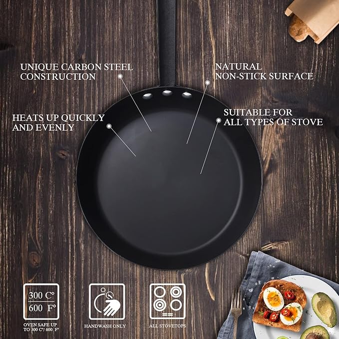 Coating-Free Carbon Steel Pan Durable 10 Inch Frying Pan, Pans For Cooking Delicious Meals, Oven Safe, Induction Compatible Pfoa Free