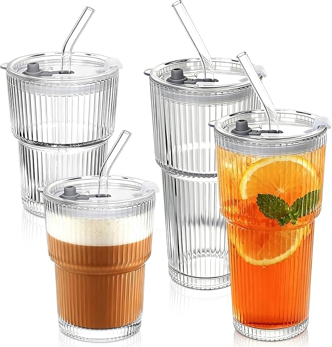 Ribbed Drinking Glasses with Lids & Straws, Leak-Proof 20oz and 15oz Glass Cups, 4PCS Glass Tumblers, Ideal for Home, Office, Outdoor Use