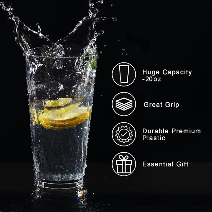 Unbreakable Plastic Drinking Glasses,Set of 6, Shatterproof Drinking Cups, Plastic glass cups,20ozplastic Tumbler Cups, Dishwasher Safe (Clear, 20oz)