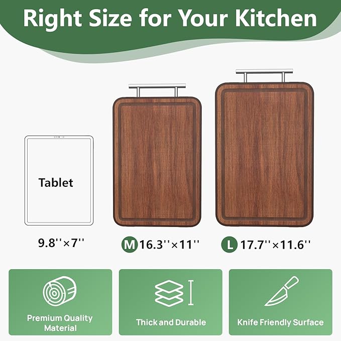 Stainless Steel Cutting Board For Kitchen With Lip(Wood & Metal, 16.3"x11"), Non Plastic Ebony Wood Double Sided Cutting Boards, Charcuterie Chopping Board for Defrost | Best Gift Idea