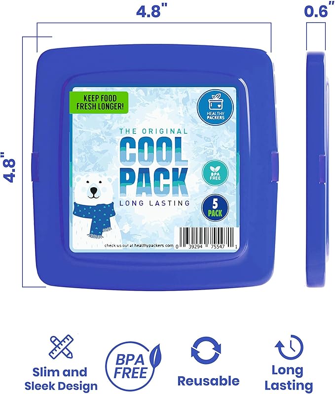 Healthy Packers® Reusable Ice Packs for Lunch Boxes Kids and Adults | Long‑Lasting Thin Freezer Packs for Coolers, Bento Boxes, Lunch Bags, Travel, School Meals, and Meal Prep (5-Pack | Square)