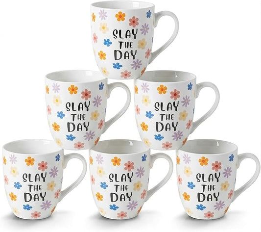 16 OZ Coffee Mugs Set of 6, Aesthetic Cute Cups with Retro Floral Pattern, Inspirational Affirmation Gifts for Women, Coworkers, Friends, Ceramic, (White)