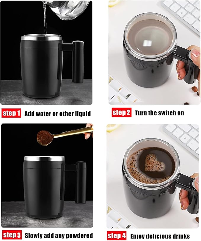 Self Stirring Mug,Rechargeable Auto Magnetic Coffee Mug with 2Pc Stir Bar,Waterproof Automatic Mixing Cup for Milk/Cocoa at Office/Kitchen/Travel 14oz Best Gift - Black