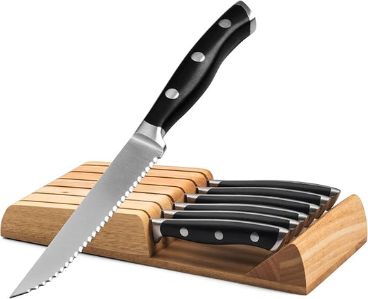 Alata 6-Piece Steak Knives Set with Block, 4.7 Inch with Serrated Edge Razor-Sharp Dinner Knives, Full-Tang Construction