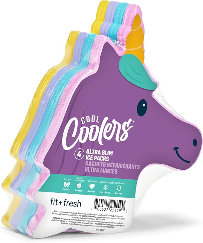 Cool Coolers by Fit & Fresh Kids Lunch Box Ice Packs, Slim Shaped Freezer Pack for Lunch Bags and Coolers 4 Pack Unicorn Multicolor Unicorn