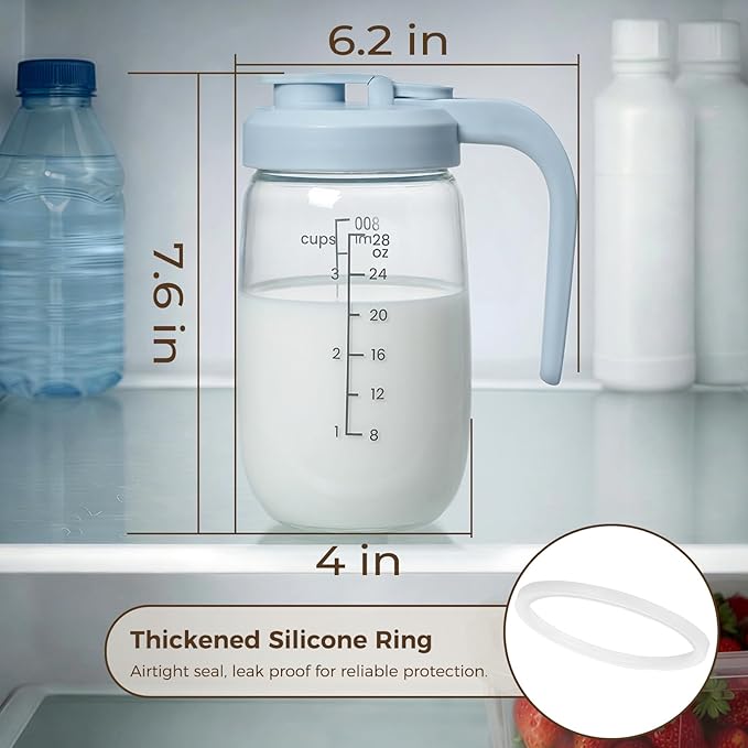 Breast Milk Pitcher 32 OZ, Heat & Cold Resistant, Sudden Temperature Safe, Fast Baby Formula Maker with Wide Mouth, No Leak Borosilicate Glass Fridge Storage Container for Juice, Cold Brew-Blue