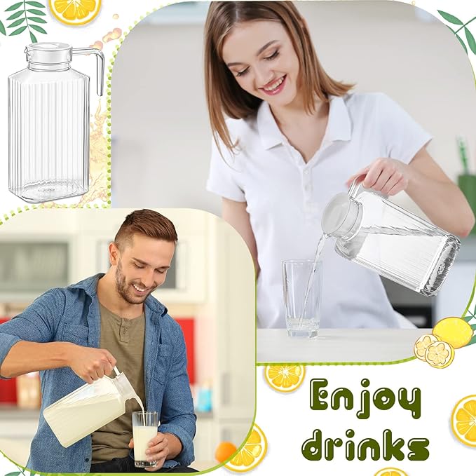 Panitay 4 Pcs 51 Ounces Plastic Pitcher with Lid Clear Acrylic Refrigerator Safe Pitcher Shatter Proof Juice Containers with Lids for Water Milk Sangria Lemonade Cold Drinks