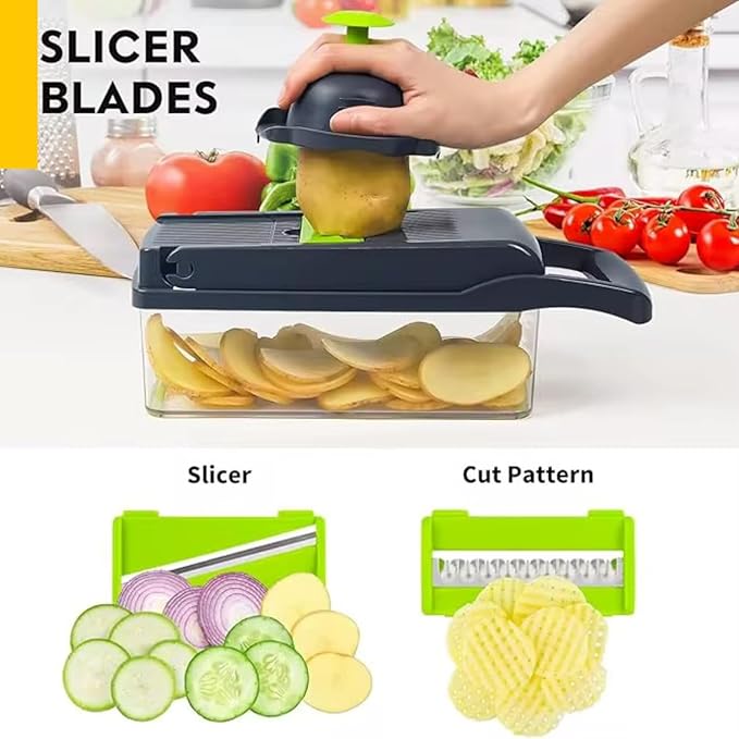 Vegetable Chopper Dicer with Container Cheese Grater Mandoline Slicer Cabbage Shredder French Fry Cutter Stainless Steel For Veggie Onion Potato Fruit Food,Manual Hand Cooking Gadget for kitchen