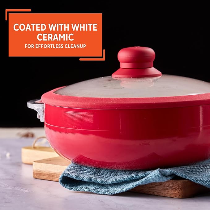 IMUSA USA 3.2Qt Red Ceramic Nonstick Caldero (Dutch Oven) with Silicone Rim & Glass Lid