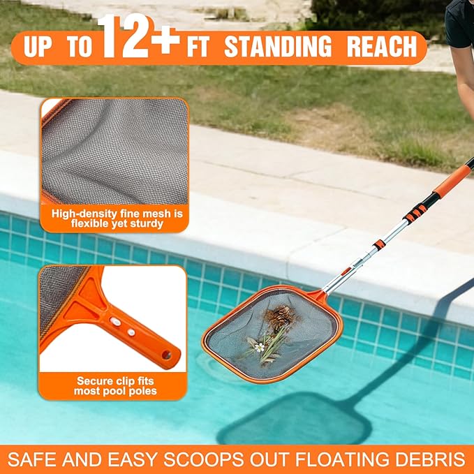 4-in-1 Pool Skimmer Net with Pole, Heavy Duty Pool Net and Fine Mesh Leaf Skimmer Net for Above Ground Pool, 12FT Telescopic Pool Pole with Professional Pool Net and Pool Hook for Cleaning