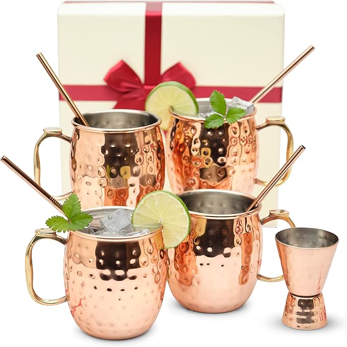 Copper Moscow Mule Mug Gift Set – 4 Tarnish-Resistant 19 oz Mugs with Stainless Steel Interior, 4 Straws & Jigger – Ideal for Cocktails, Bars & Gifts