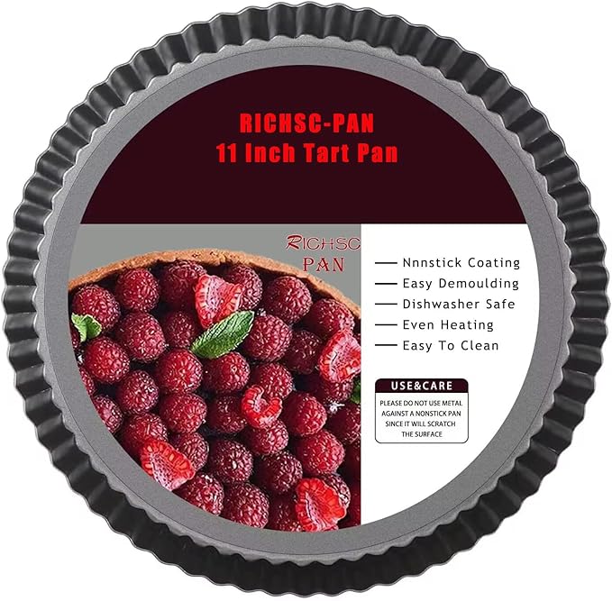 Tart Pan 11 Inch Tart Pan Carbon Steel Round Non-Stick Pan Quiche Pan with Removable Chassis for Mousse Cakes, Kitchen Reusable Baking Tool with A Depth of 1.18 Inches.