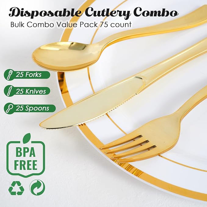 FOCUSLINE 75 Pack Gold Plastic Silverware Disposable Cutlery Set - 25 Forks Knives Spoons - Disposable Flatware Heavy Duty Plastic Utensils Set for Catering, Parties, Dinners, Weddings