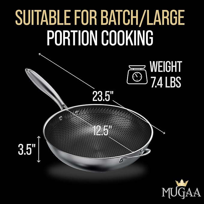 Woks & Stir-Fry Pans Nonstick, 12.5" Stainless Steel Wok with Lid | Tri-Ply Honeycomb Hybrid Stir Fry Wok Pan | Induction & Oven Safe | Dishwasher Safe