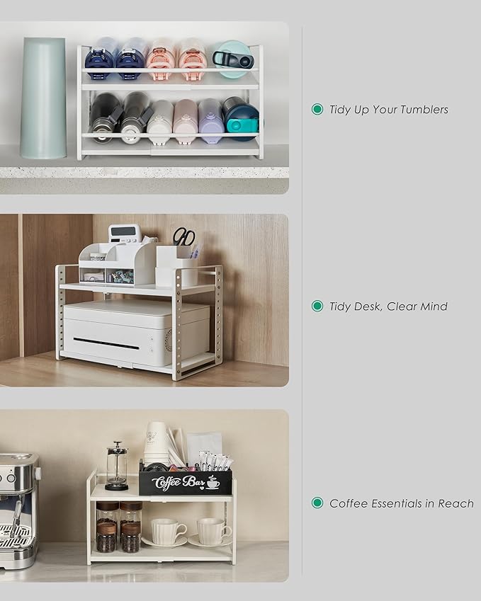 Expandable Adjustable 2-Tier Cabinet Shelf Organizer, White Metal Kitchen Pantry Countertop Storage Rack, Height Adjustable