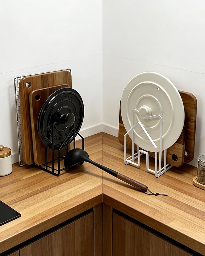 SUNFICON 2 Pack White Cutting Board Holder Rack Pot Pan Lids Holder Chopping Board Organizer Thin Bakeware Tray Dry Display Stand Kitchen Countertop Cabinet Office