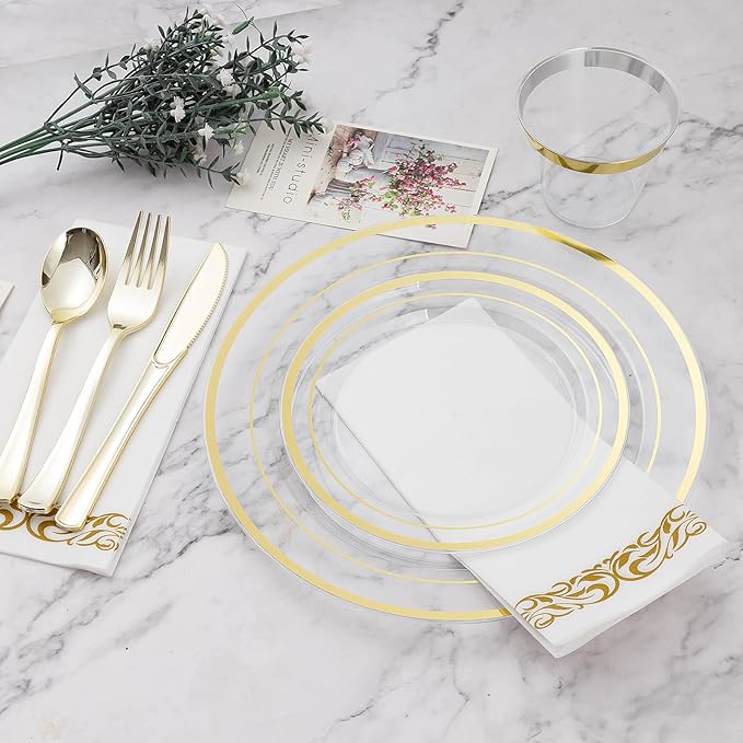 BESTVIP 50PCS 7" Clear Gold Plastic Plates, Small Disposable Salad Dessert Plate with Gold Rim, Heavy Duty Disposable Plastic Plates for Party, Wedding and Birthday, Events
