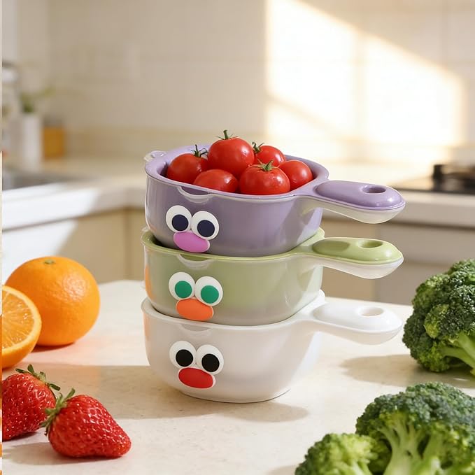 ABOOFAN 3Pcs Fruit Washing Bowl with Strainer, Dual-Layer Small Kitchen Colander with Handle, Vegetable Washing Draining Basket for Mini Berry Tomato Grape Washer