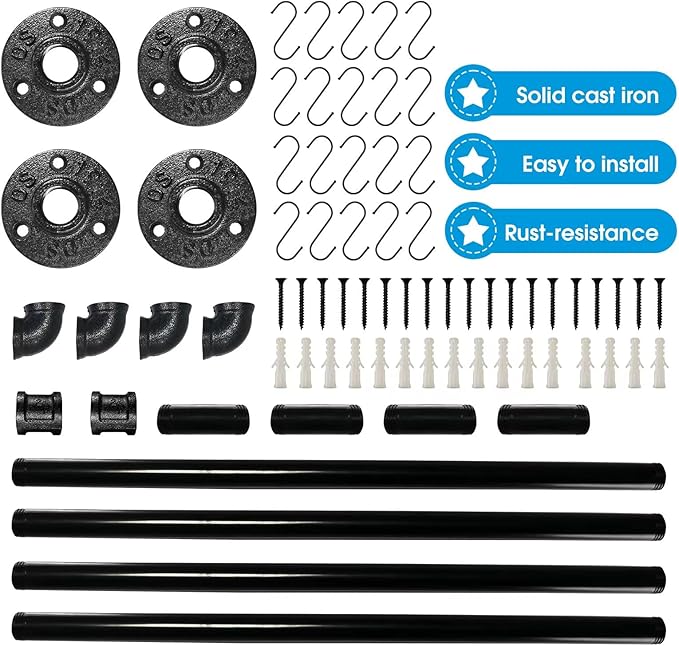 Industrail Pipe Pot Pan Rack, Wall mount Pot hangers Pan Haniging Rail Lid Hnager for kitchen with S Hooks (39"-2 Pack)