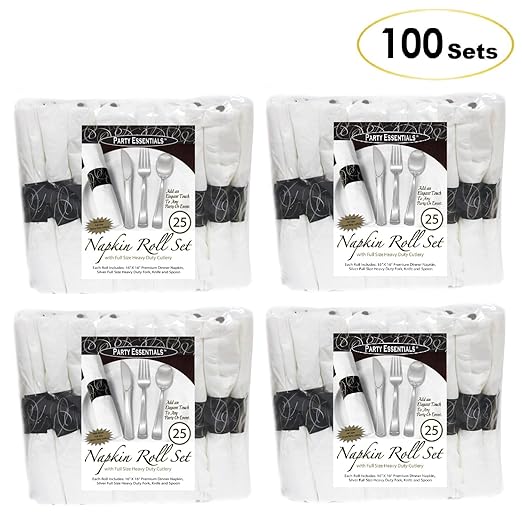 Party Essentials Pre-Rolled Disposable Extra Heavy Duty Plastic Cutlery Kit with Silver Fork/Knife/Spoon and 3-Ply White Napkin (Case of 100 Rolls), (N501725-4)