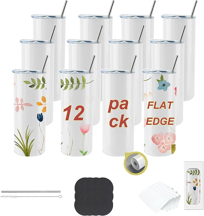 12pack 20oz flat edge sublimation tumblers ，White skinny insulated Sublimation tumbler Straight Cups with Individual Gift Box, Silicone Bottom Polymer Coating for Heat Transfer （12pack 20oz）