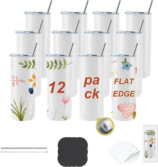 12pack 20oz flat edge sublimation tumblers ，White skinny insulated Sublimation tumbler Straight Cups with Individual Gift Box, Silicone Bottom Polymer Coating for Heat Transfer （12pack 20oz）