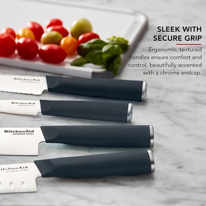 KitchenAid Chef Set with Custom Fit Covers, Sharp Kitchen Knife, High-Carbon Japanese Stainless Steel Blade, 4 Piece, Charcoal Gray