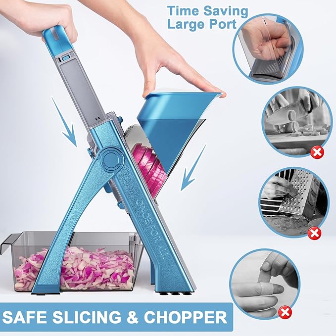 Upgrade Safe Mandoline Slicer With Spiralizer for Kitchen, Vegetable Chopper Food Cutter, Potato Slicer Thickness Adjuster, French Fry Cutter, Veggie Dicer Faster for Meal Prep Blue
